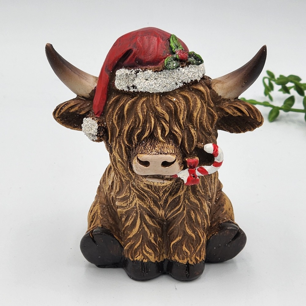 Hobby Lobby Highland Cow Christmas Figurine Santa 4.5" Resin Candy Cane NEW